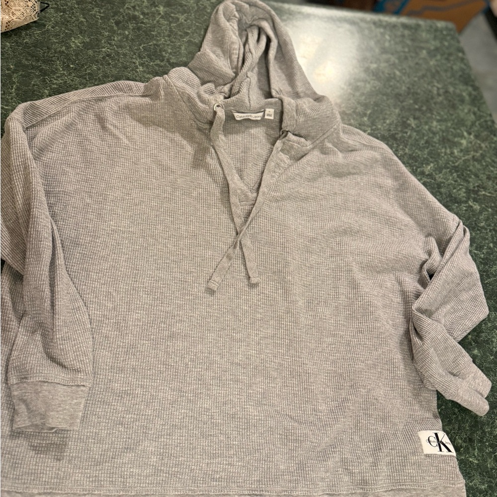 Calvin Klein Jeans Light Gray Hooded Waffle Pullover